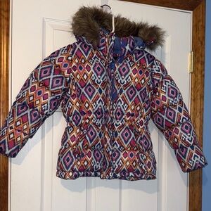 Vibrant Patterned Kids Puffer Jacket with Faux Fur Hood